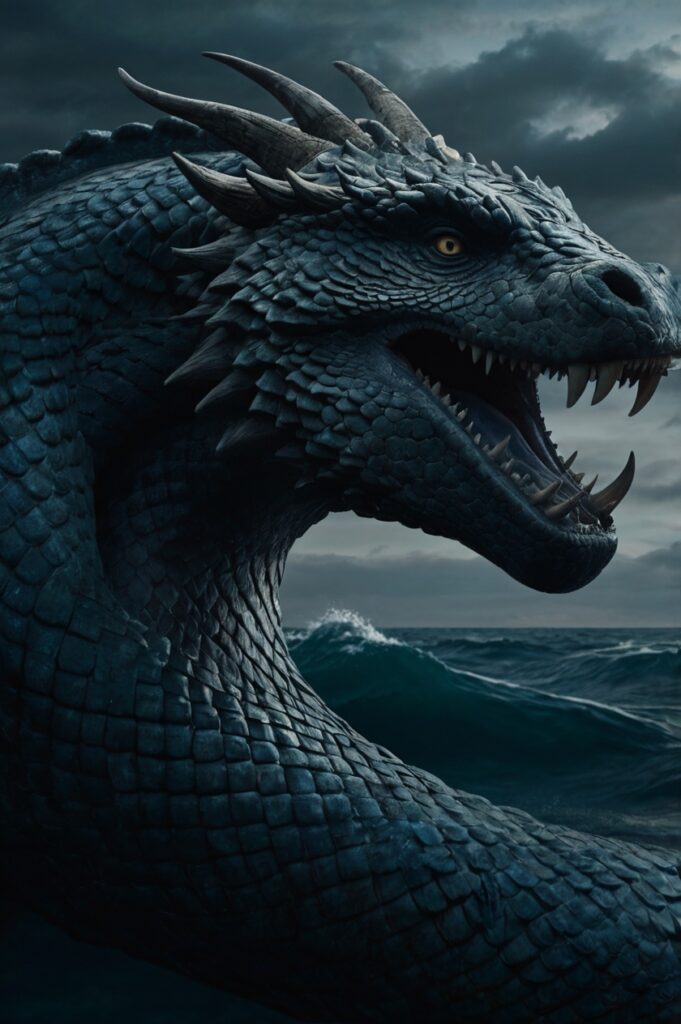 Jörmungandr enroscado alrededor del mundo con niebla y mar oscuro