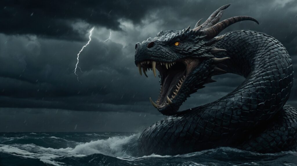 Jörmungandr emergiendo del océano durante una tormenta, con relámpagos en el cielo