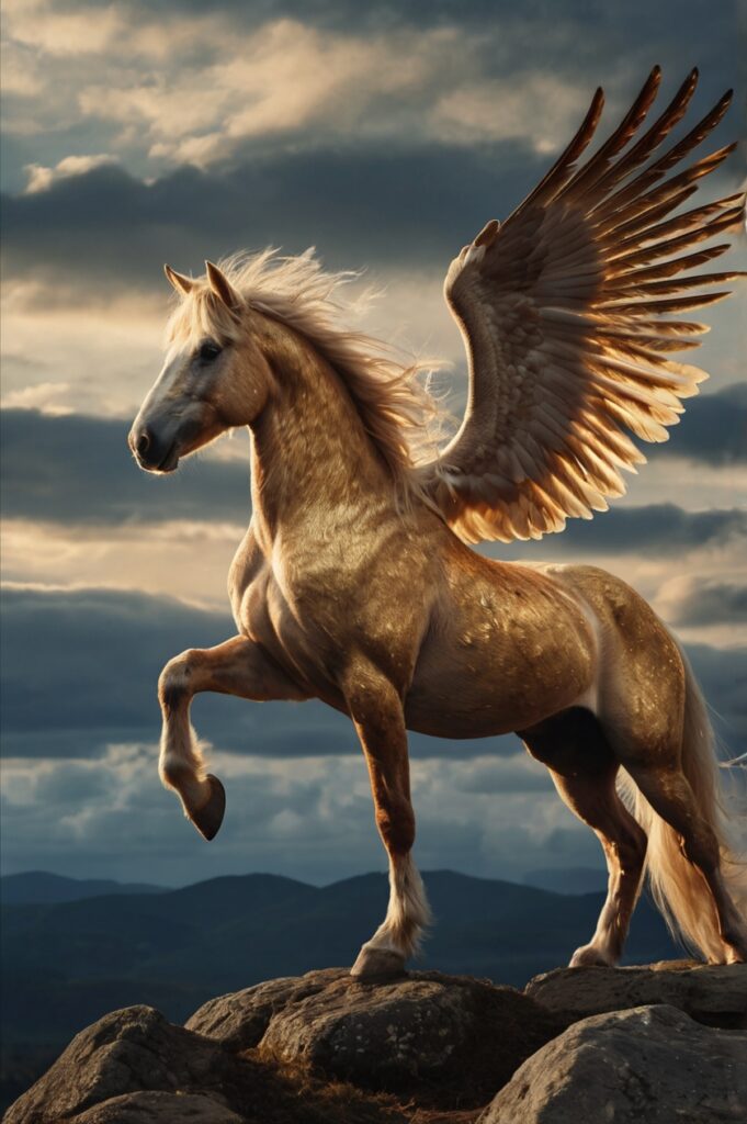 Retrato lateral del Pegaso en una colina bajo el cielo nublado