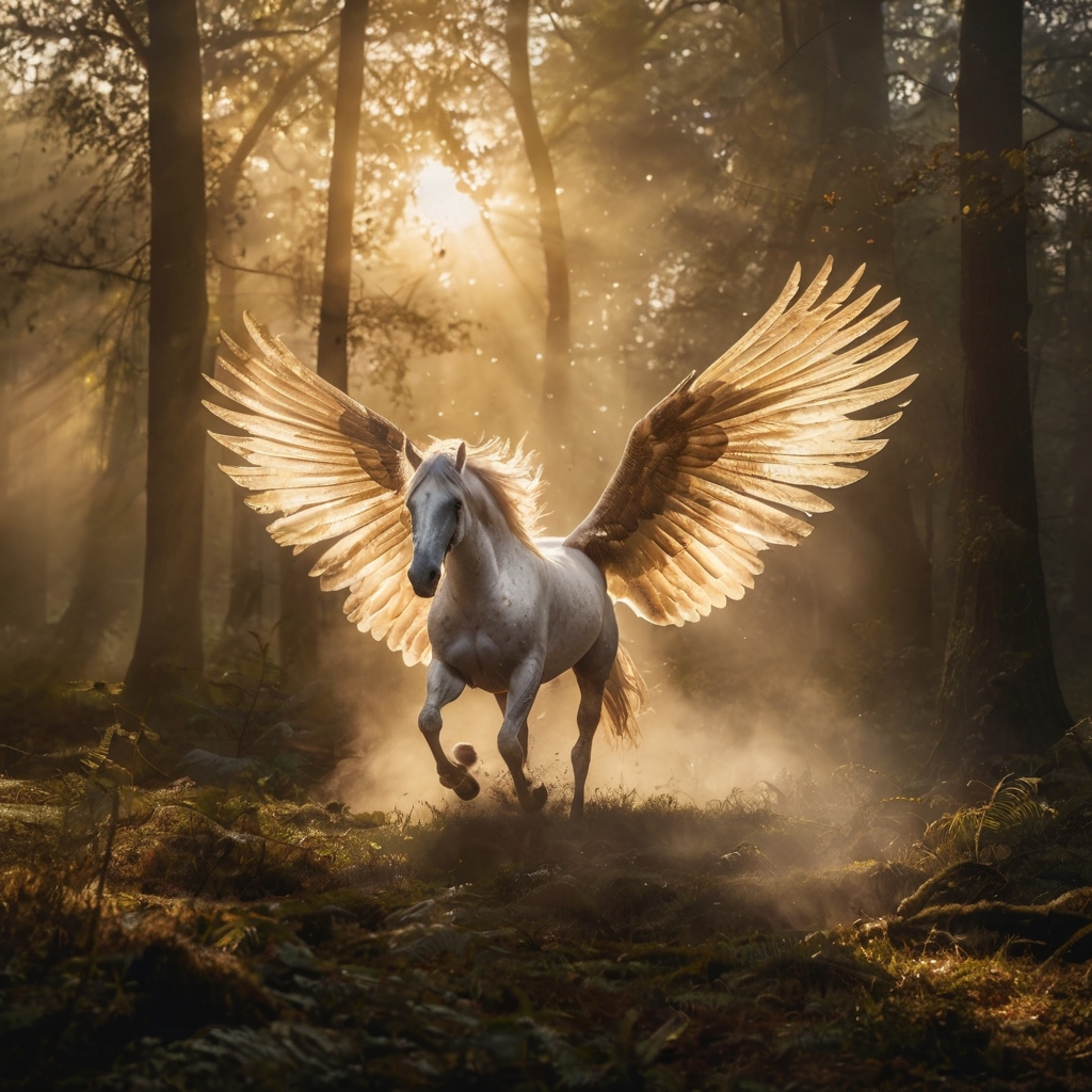 Pegaso emergiendo de la niebla en un bosque mitológico