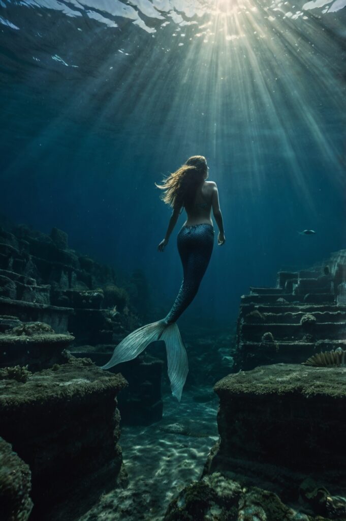 Sirena nadando bajo el agua entre ruinas antiguas
