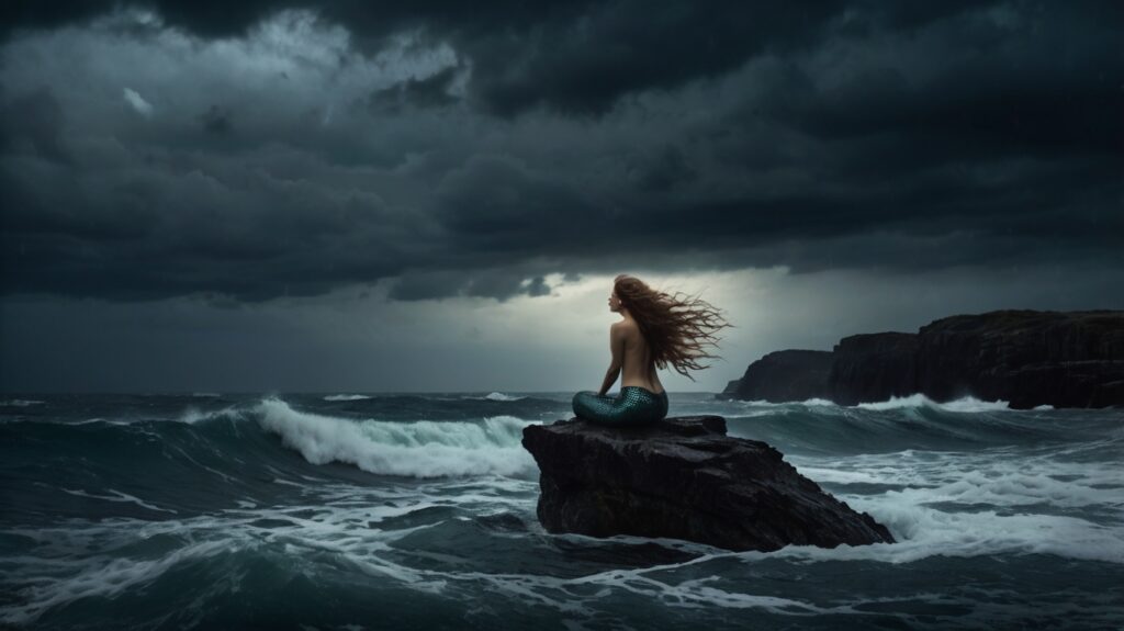Sirena sentada sobre una roca durante una tormenta