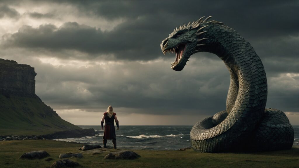 Ilustración cinematográfica de Thor enfrentando a Jörmungandr durante el Ragnarök