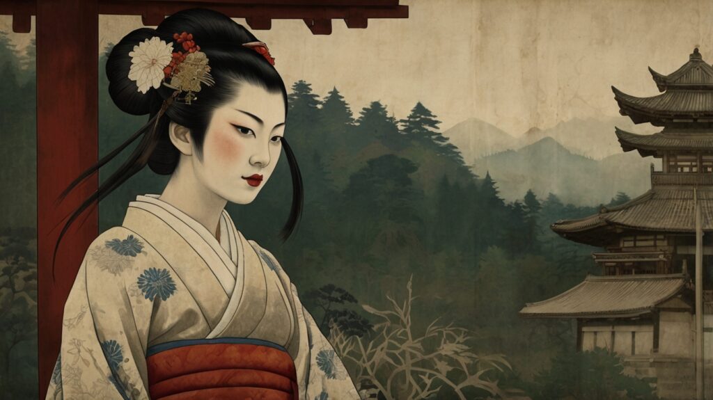 Representación clásica de la Jorōgumo en estilo artístico japonés tradicional
