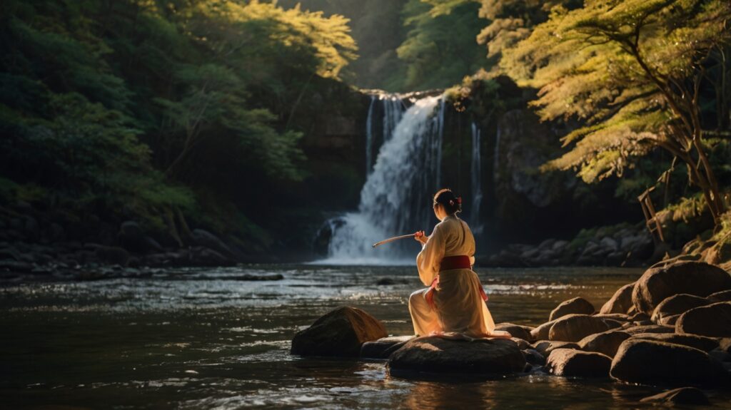Jorōgumo tocando el shamisen para atraer a un hombre junto a una cascada