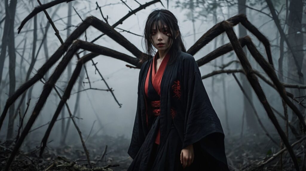 Transformación de la Jorōgumo en una araña gigante en el bosque
