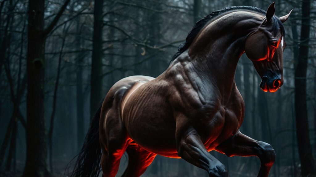 Primer plano del Nuckelavee mostrando su cuerpo sin piel y aspecto monstruoso