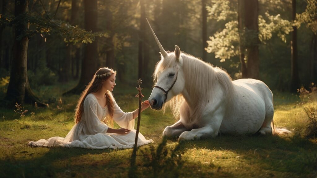 Unicornio frente a una doncella medieval en un claro del bosque