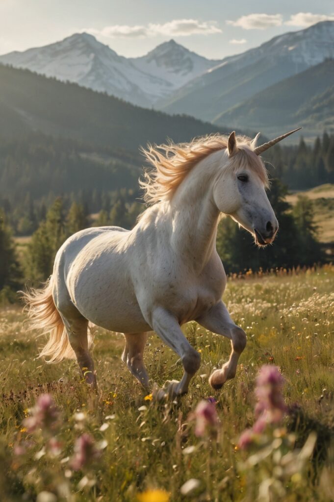 Unicornio galopando entre flores y montañas