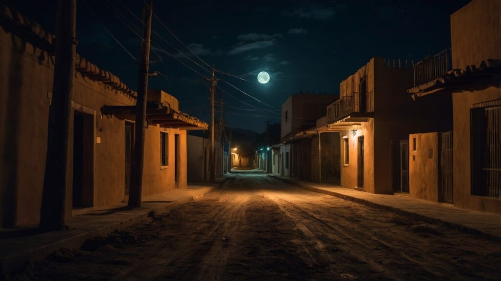 Paisaje nocturno en un pueblo rural de México, escenario del encuentro con el Chupacabras.